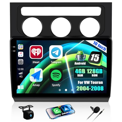 CAMECHO 4+128Go 10 Pouces Android 15 Autoradio pour Volkswagen Touran 2004-2008, Bluetooth Radio avec GPS, Wi‑FI, sans Fil CarPlay, Android Auto RDS FM...