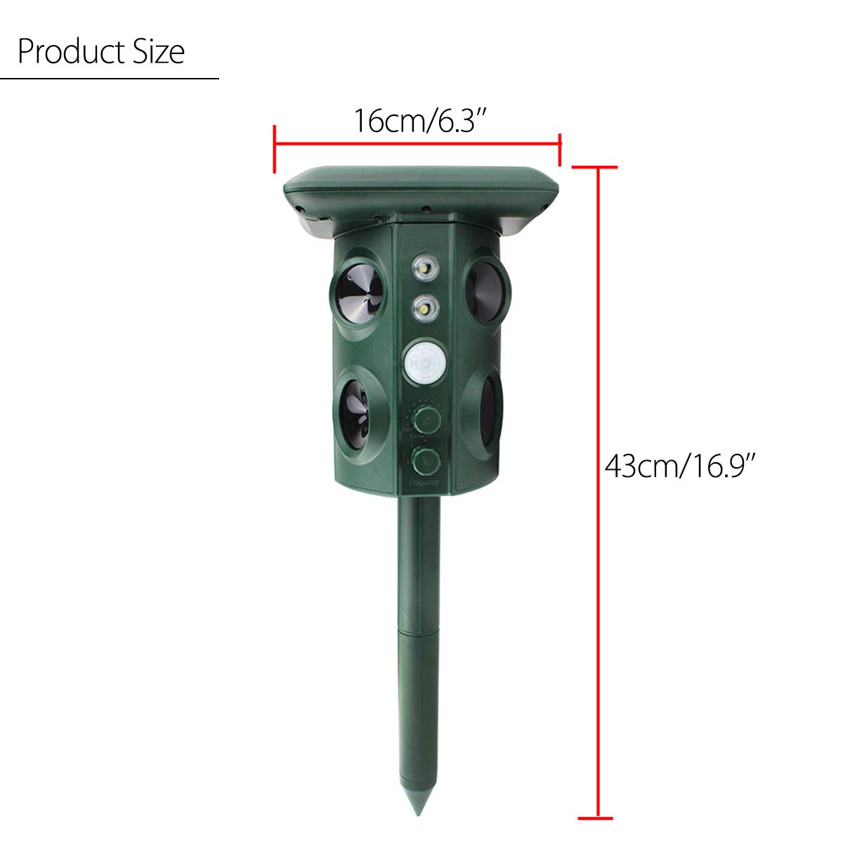 Wielofunkcyjny solarny odstraszacz zwierząt na zewnątrz, ultradźwiękowy odstraszacz wibracji dla węża, psa, lisa, kota, itp., 43 x 16 cm