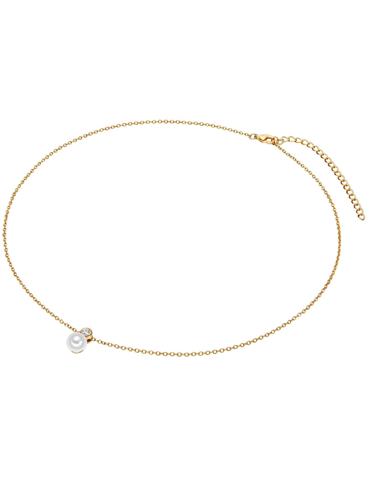 Valero Pearls Damen Halskette 925/- Sterling Silber Gelbgold Perlenanhänger | Süßwasser-Zuchtperle,Button-Form,Perlengröße 8 mm,Zirkonia,weiß,Silberhalskette,Anhänger,echte Perle,Ankerkette,42+7 cm,