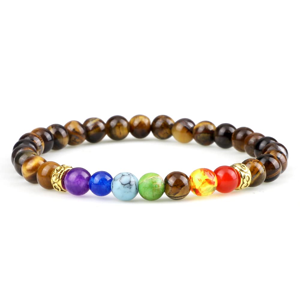 WZGWDC Pulseras de Roca de Lava de 7 Chakras, Pulsera de Cuentas de ónix de malaquita y Piedra de Ojo de Tigre Natural de 6mm, brazaletes de meditación curativos