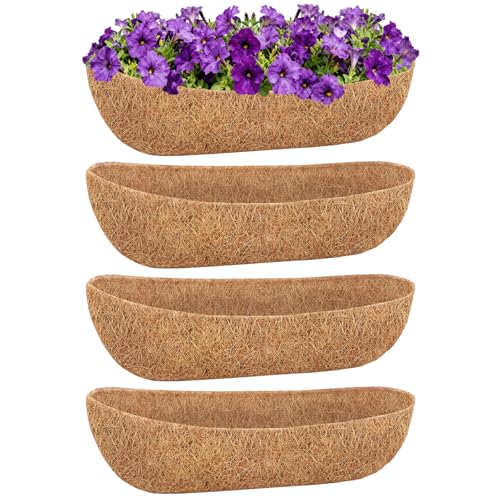 Sunwinx 4 Pack 24 Inch Trough Coconut Liners for Planters- Natural Coco Liner Window Box Liners Replacement Coconut Fiber Planter Liner for Outdoor Flower Planters Deck Railings Fence and Balcony