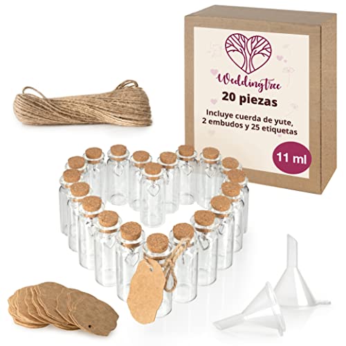 WeddingTree 20 x 11ml Tubos de Ensayo con Tapón de Corcho para Bodas - Set de Frascos con Corcho y Llavero de Corazón Invitados Bodas, Decoración, Frasco para Especias
