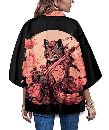 Image of LAI MENG FIVE CATS Women's Funny Cute Cat Cardigan Lightweight Kimono Loose Cover up Blouse Tops