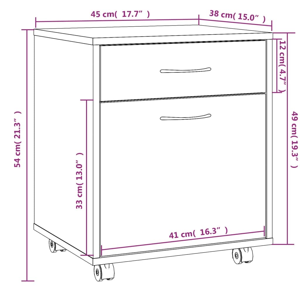 Cassettiera da scrivania con rotelle, colore grigio sonoma, 45 x 38 x 54 cm, mobile in legno con cassetto e scomparto per l'organizzazione di casa e ufficio