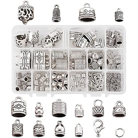 Craftdady 120Pcs Tibetan Antique Silver Glue in Leather Cord Ends 14 Styles Barrel Tassel Cord End Caps for Kumihimo Bracelet Jewelry Making Cover