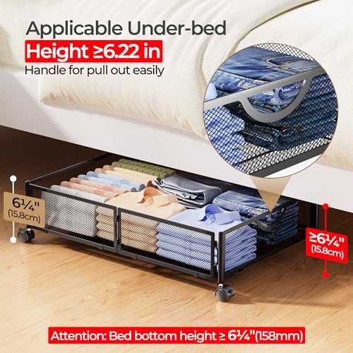 Yecaye-Under-Bed-Storage-with-Wheels-2-Pack-Under-Bed-Shoe-Storage-Organizer-Drawer-Tool-free-Assembly-Metal-Underbed-Storage-Containers-for-Clothes-Shoes-Toys-Black