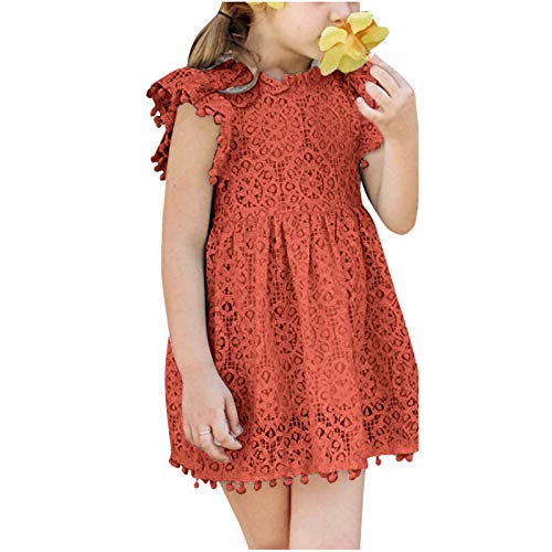 FIN86 Baby Girls Dress 1-6Y Toddler Kids Baby Girls Elegant Lace Pom-Pom Flutter-Sleeve Party Princess Dress Orange