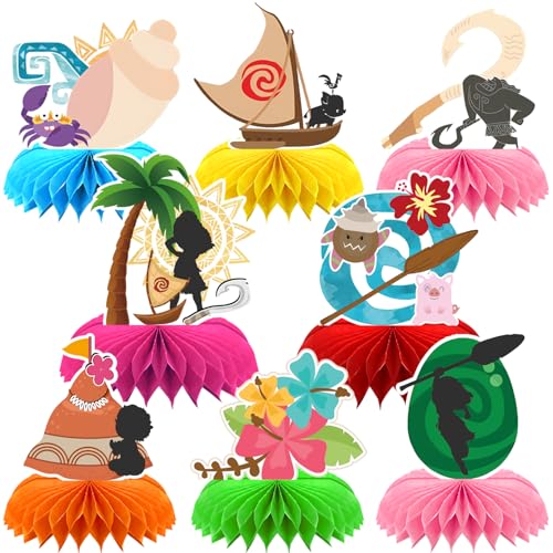 8Pcs Tropical Hawaiian Birthday Party Supplies, Tropical Luau Summer Honeycomb Centerpieces Cartoon Movie Theme 3D Table Decorations