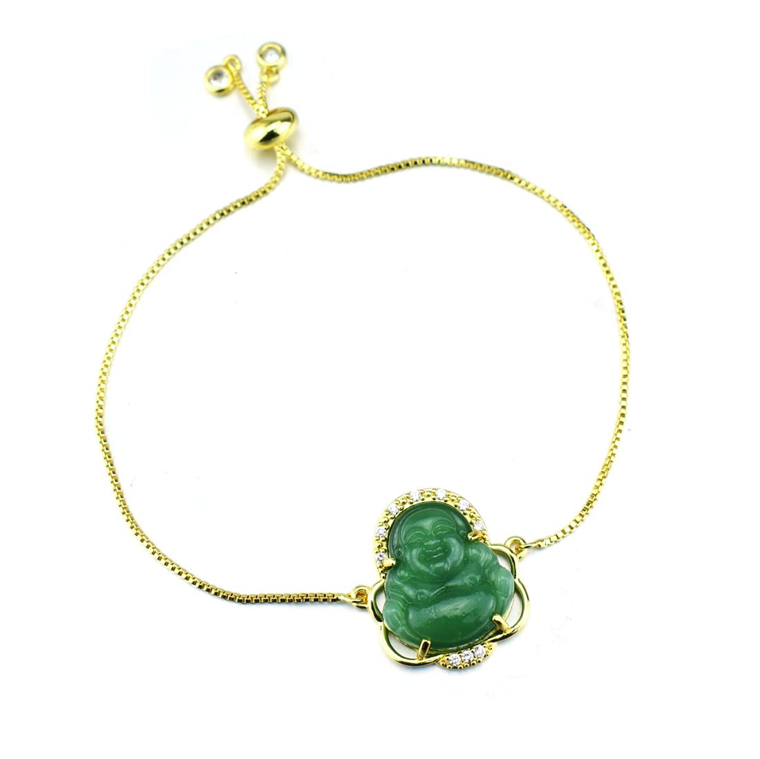 Fuqimanman202018K Gold Plated Laughing Buddha Link Bracelet Pendant Jade Natural Stone Cubic Zirconia Crystal Adjustable Lucky Gemstone Amulet Protection Jewelry for Women Men