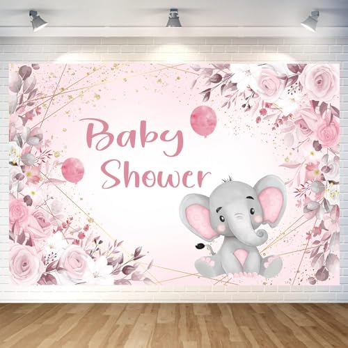 SAOLUIS 5X3ft Pink Baby Shower Background, Girl Baby Shower Backdrop Pink Baby Elephant Birthday Backdrop Pink Floral Watercolor Backdrop for Girl Baby Shower Birthday