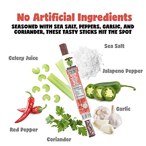 Jalapeno 100% Grass Fed Beef Sticks, Sogo Snacks, Low Carb And Gluten-Free Snack, Hiking And Road Trip Snacks, Snack Pack Of 48 Level 3.5 Of 5 Spicy Jerky Sticks #TOP6