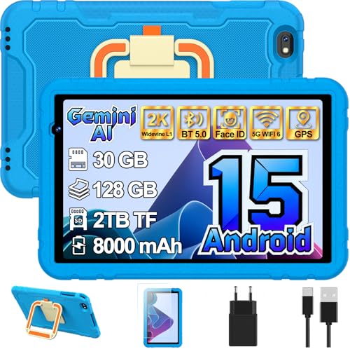 Tablette enfants 10 Pouces Android 15 avec Gemini AI, 30 + 128 Go (TF 2To), WiFi 6, 8000 mAh, Widevine L1, GPS, Face ID, Octa-Core, BT 5.0, 5+8 MP, EVA Étui...