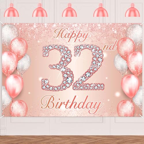 Image of Happy 32nd Birthday Rose Gold Banner Cheers to 32 Years Old Backdrop Confetti Balloons Theme Decor for Women 32 Years Old Pink Birthday Party Decorations Bday Supplies Background Favors Gift Glitter