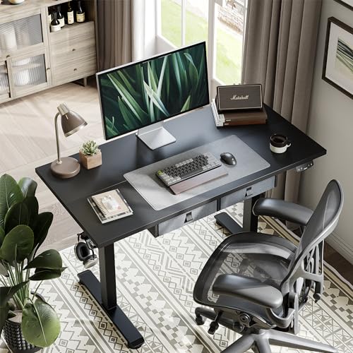 Image of Agilestic Electric Standing Desk with Drawers, 55 x 24 Inches Height Adjustable Desk, Stand up Computer Table with Memory Preset, for Work Office Home, Black