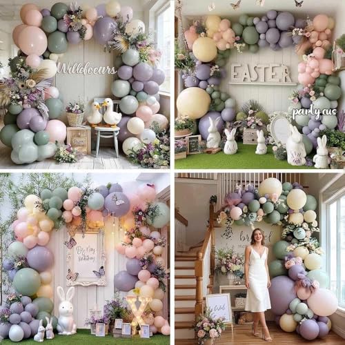 Image of Dusty Green Purple Pink Balloon Arch, Double Stuffed Lavender Light Sage Green Ivory Blush Pastel Balloon Garland Kit for Baby Shower Birthday Wedding Bridal Wild-Flower Tea Party Decoration