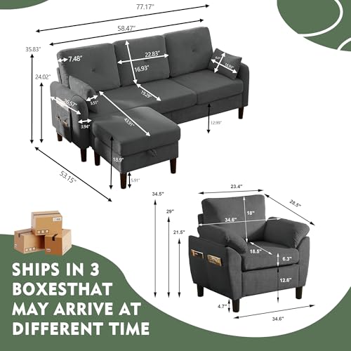 Image of 3 Pieces Sofa Set for Living Room with Sofa, Storage Ottoman and Single Chair