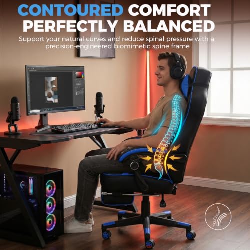 Image of GTPLAYER Gaming Chair with Footrest, 350LBS Big and Tall Office Chair, Ergonomic High Back Lumbar Support and Recliner for Back Pain Relief, Blue
