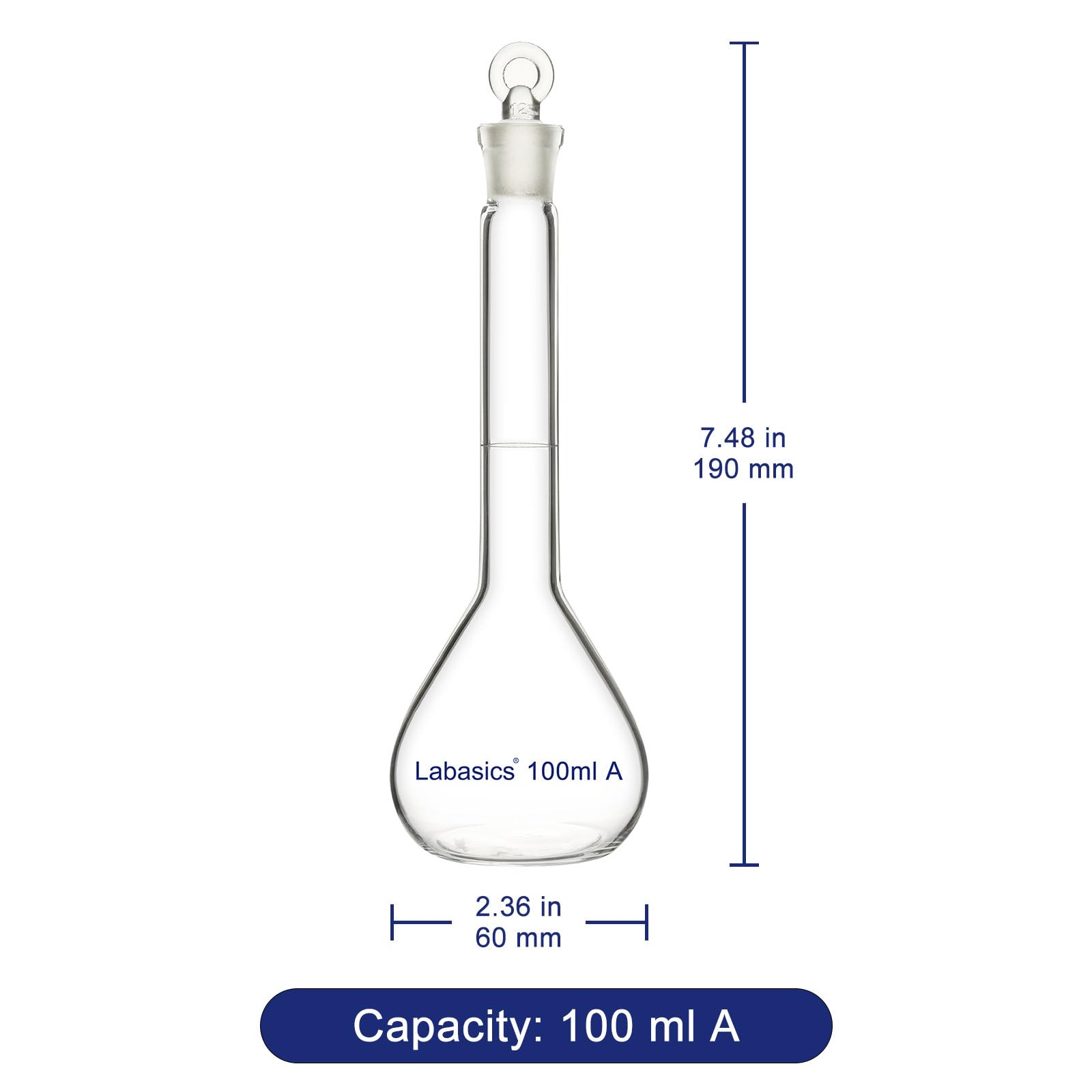 Labasics Matraz Aforado 100 ml Vidrio Borosilicato Clase A Tapón Vidrio Transparente para Laboratorio Químico Analítico