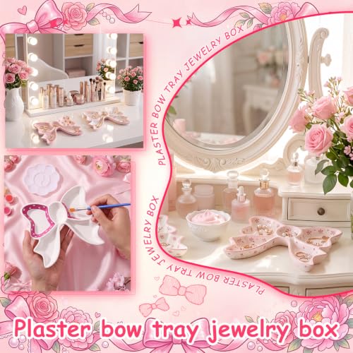 Image of Zubebe 6 Set Ceramics to Paint Bow Jewelry Tray Kit Ready to Paint Ceramics Ring Dish Holder DIY Unpainted Plates Trinket Dish Tray Crafts with Brush Palette for Mother's Day Valentine Wedding Gift
