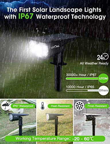 LITOM 12 LEDs Solar Landscape Spotlights, IP67 Waterproof Solar Powered Wall Lights 2-in-1 Wireless Outdoor Solar Landscaping Lights for Yard Garden Driveway Porch Walkway Pool Patio 4 Pack Cold White