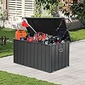Domi 100 Gallon Deck Box, Outdoor Metal Lockable Storage Cabinet, Waterproof Steel Outdoor Bench with Lockable Lid, Side Handles & Rolling Casters for Outside Cushions, Pillows, Garden Tools, Grey