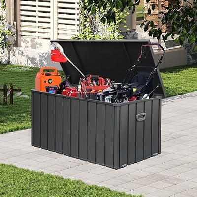 Domi 100 Gallon Deck Box, Outdoor Metal Lockable Storage Cabinet, Waterproof Steel Outdoor Bench with Lockable Lid, Side Handles & Rolling Casters for Outside Cushions, Pillows, Garden Tools, Grey