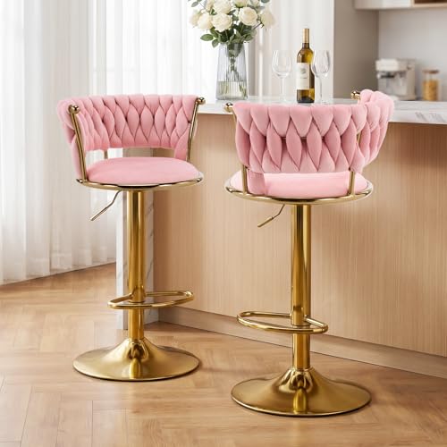 ATOMHOME Velvet Bar Stools Set of 2 Swivel Counter Height Barstools with Woven Backrest Adjustable Height Bar Stools for Kitchen Island Home Bar Pub - Modern Luxury Gold Bar Chairs (Pink)