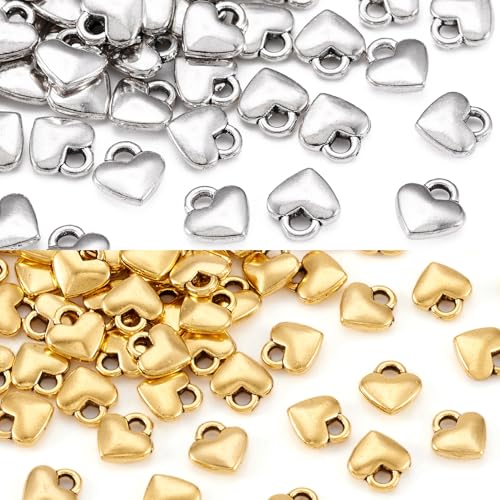 Beadthoven 200pcs Antique Golden Silver Heart Charm Pendants Tibetan Style