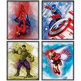 PRINT'N'ART,Superheroes Watercolor Prints,Posters for Boys Room,Superhero Bedroom Decor for Boys,Boy Nursery Decor,Kids Room Decorations for Boys,8x10 Inches UNFRAMED Set of 4