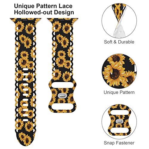 Image of Compatible with Apple Watch Band 41mm 40mm 38mm 49mm 45mm 44mm 42mm Women Girl, Sunflower Print Lace Hollow-out Soft Silicone Sport Bands For iWatch Ultra SE Series 10 9 8 7 6 5 4 3 2, SunflB-42