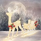 Vongrasig 4FT Lighted Christmas Reindeer & Sleigh Outdoor Yard Decoration Set W/ 205 LED Lights & 8 Ground Stakes, Zip Ties, Artificial Xmas Lighted Holiday Decor for Indoor and Outdoor(Gold)