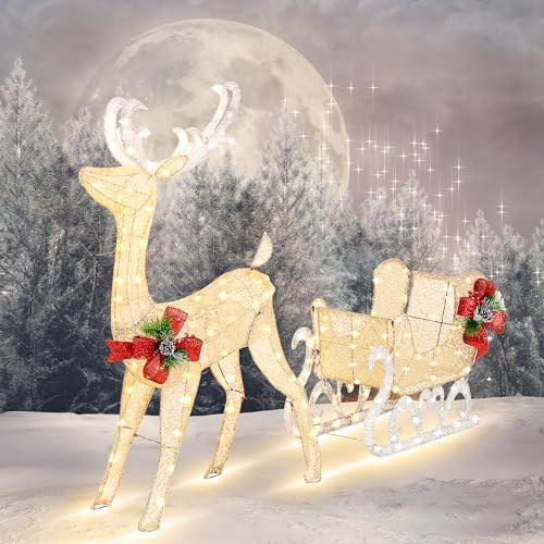 Vongrasig 4FT Lighted Christmas Reindeer & Sleigh Outdoor Yard Decoration Set W/ 205 LED Lights & 8 Ground Stakes, Zip Ties, Artificial Xmas Lighted Holiday Decor for Indoor and Outdoor(Gold)