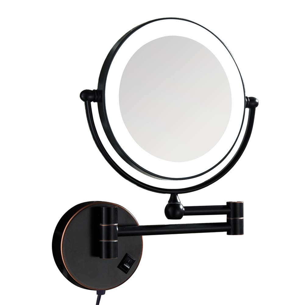 Miroir de maquillage mural éclairé LED en laiton or avec grossissement 3X et double face extensible