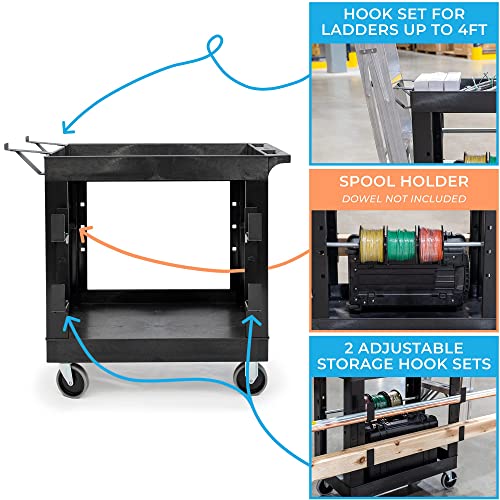 Stand Steady Tubstr 2 Shelf Utility Cart | Heavy Duty Service Cart Holds 400 Lbs. | Adjustable Storage Hooks, Ladder & Spool Holders | Tub Cart For Warehouse, Garage, School & Office (32 X 18In/Black) #TOP3