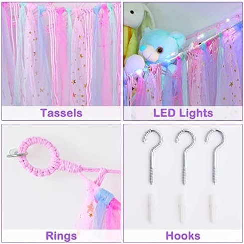 Beinou Toy Hammock Stuffed Animal Storage Soft Cuddly Plush Corner Hanging Net Hand Woven Large Macrame Tassel Organizer with LED Light for Kids Bedroom Nursery
