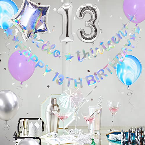Image of Iridescent Hello Thirteen Happy 13th Birthday Banner Garland Foil Balloon 13 for 13 Birthday Decorations Official Teenager 13th Birthday Decor for Teen Girls 13 Year Old Birthday Party