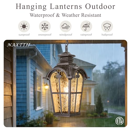 Image of 18.5 Inch Large Outdoor Pendant Lights Waterproof Aluminum Hanging Lantern Light with Water Ripple Glass Oil Rubbed Bronze Outdoor Chandelier for Porch Yard Gazebo