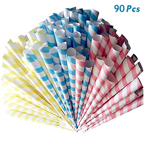 Flantor Cotton Candy Cones, Cotton Candy Paper Cones For Candy Floss, Multicolor Cotton Candy Cones Accessories 90Pcs Yellow & Blue & Red Striped Cones For Birthday, Christmas&Other Party (Multicolor) #TOP6