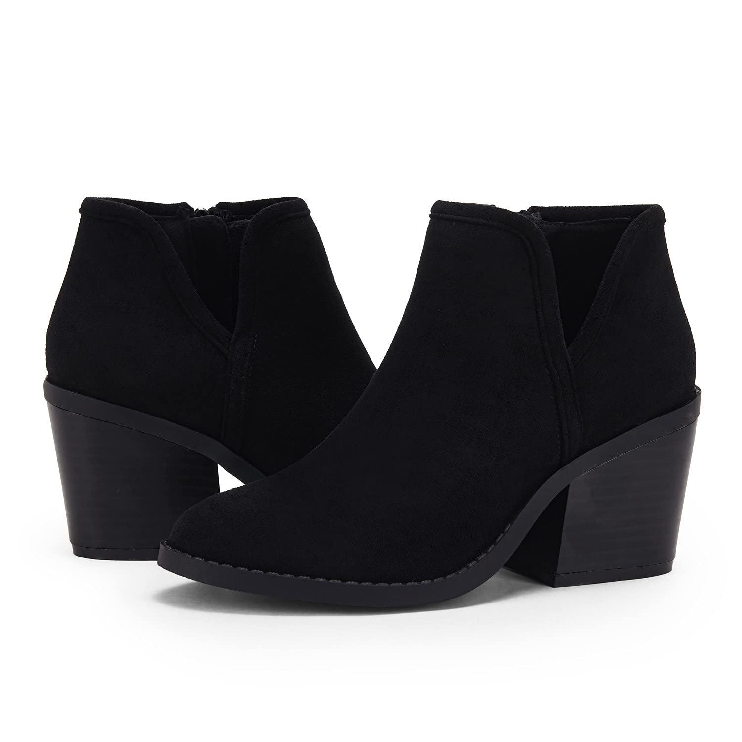 PiePieBuy Womens Ankle Boots Chunky Stacked Heel Slip on Shoes Faux Suede Side Zipper Casual Western Booties