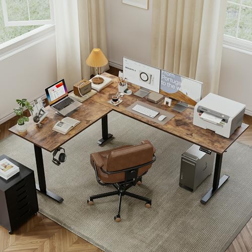 Image of Agilestic L-Shaped Standing Desk Adjustable Height, Electric Corner Standing Desk, Sit Stand Up Desk, 75x61 inch Sit Stand Computer Table, Rustic Brown