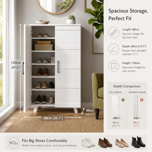 Image of Rune Engineered Wood Shoe Cabinet | 2 Door Shoe Rack with 6 Spacious Shelves | Modern Shoe Storage Cabinet for Entryway, Bedroom & Living Room | White Finish