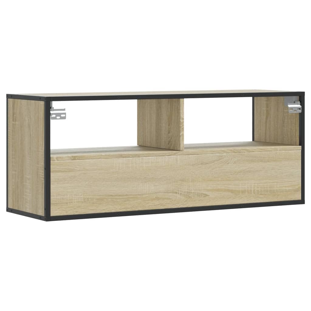 Mobile TV in rovere Sonoma con struttura in metallo, 100 x 31 x 39,5 cm, in legno, con vano portaoggetti, cassetto e ripiano, mobile per soggiorno, per gaming e camera da letto