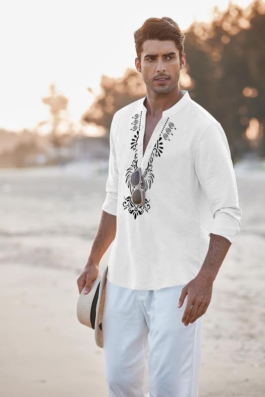Image of FINIVO FASHION Men's Cotton Blend Short Kurta with Bold Printed Front Design | Full Sleeve Ethnic Casual Kurta with Mandarin Collar | Artistic Festival & Travel Wear for Modern Ethnic Style