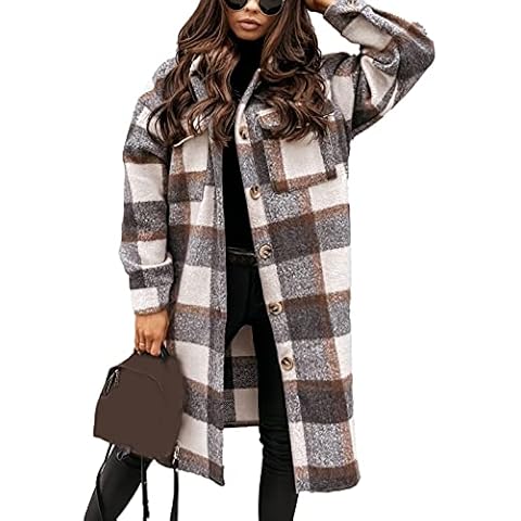 Esmeling Damen Plaid Shacket Brushed Flanell Shirt Jacke Mittel Lang Wollmischung Tartan Mantel Cover