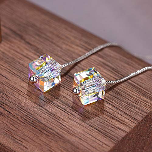CAT EYE JEWELS 925 Sterling Silver Swarovski Element Crystal Color Changing White Long Chain Threader Earrings for Women Girls