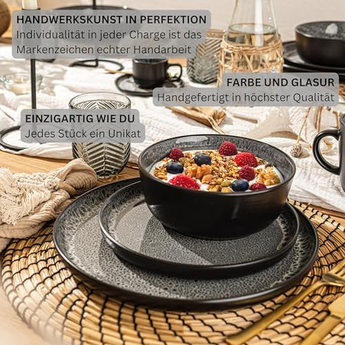SÄNGER Sydney | Tafelservice 24 teilig, Steingut Geschirr Set 6 Personen, 6x Teller Set 6x Frühstücksteller 6x Tiefe Teller 6x Pastaschalen Geschirrset und Schale dunkel grau | VALUE COLLECTION