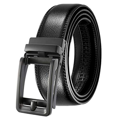 Image of JINIU Men's Ratchet Belt Buckle, Black Genuine Leather Slide Belt for Men Dress Suit, Micro Adjustable Trim to Fit Boxed