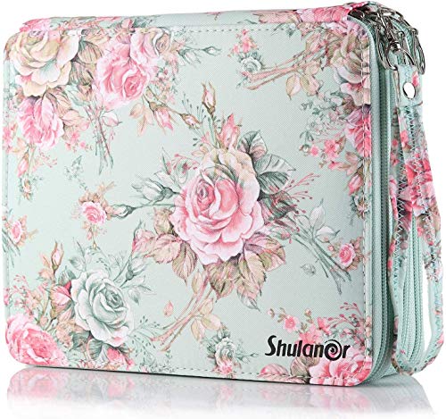 Shulaner 120 Slots Colored Pencil Case with Zipper Closure Large Capacity Green Rose Oxford Pen Organizer Flower Pencil Holder for Student or Artist