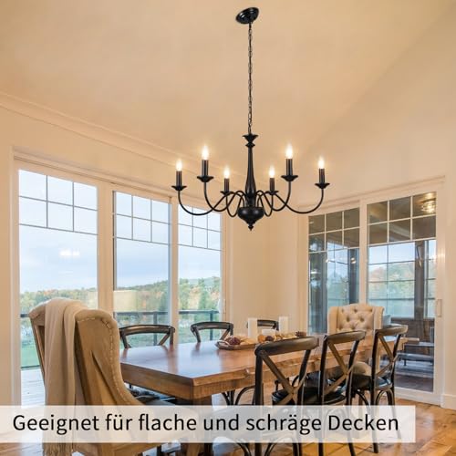 QAREHL Kronleuchter Vintage Deckenleuchte Schwarz, 6 Flammig Hängelampe Wohnzimmer mit E14 Fassung, Kronleuchter Schwarz für Schlafzimmer, Küche, Flur