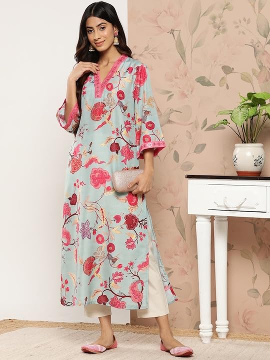 Image of Varanga Women's Blended Relaxed Fit Floral Printed Sequinned Detail A-line Kurta - Elegant and Stylish Ethnic Wear